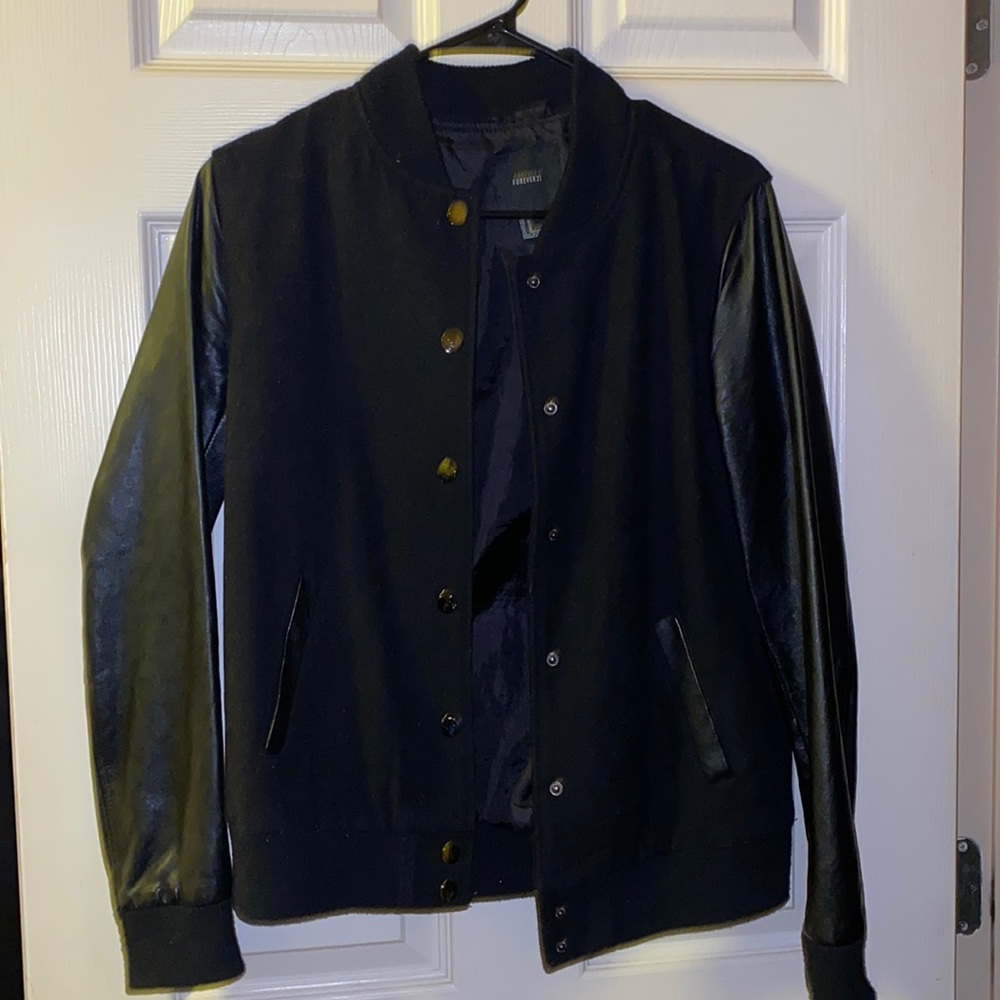 Forever 21 Black Leather Bomber/Varsity Jacket
